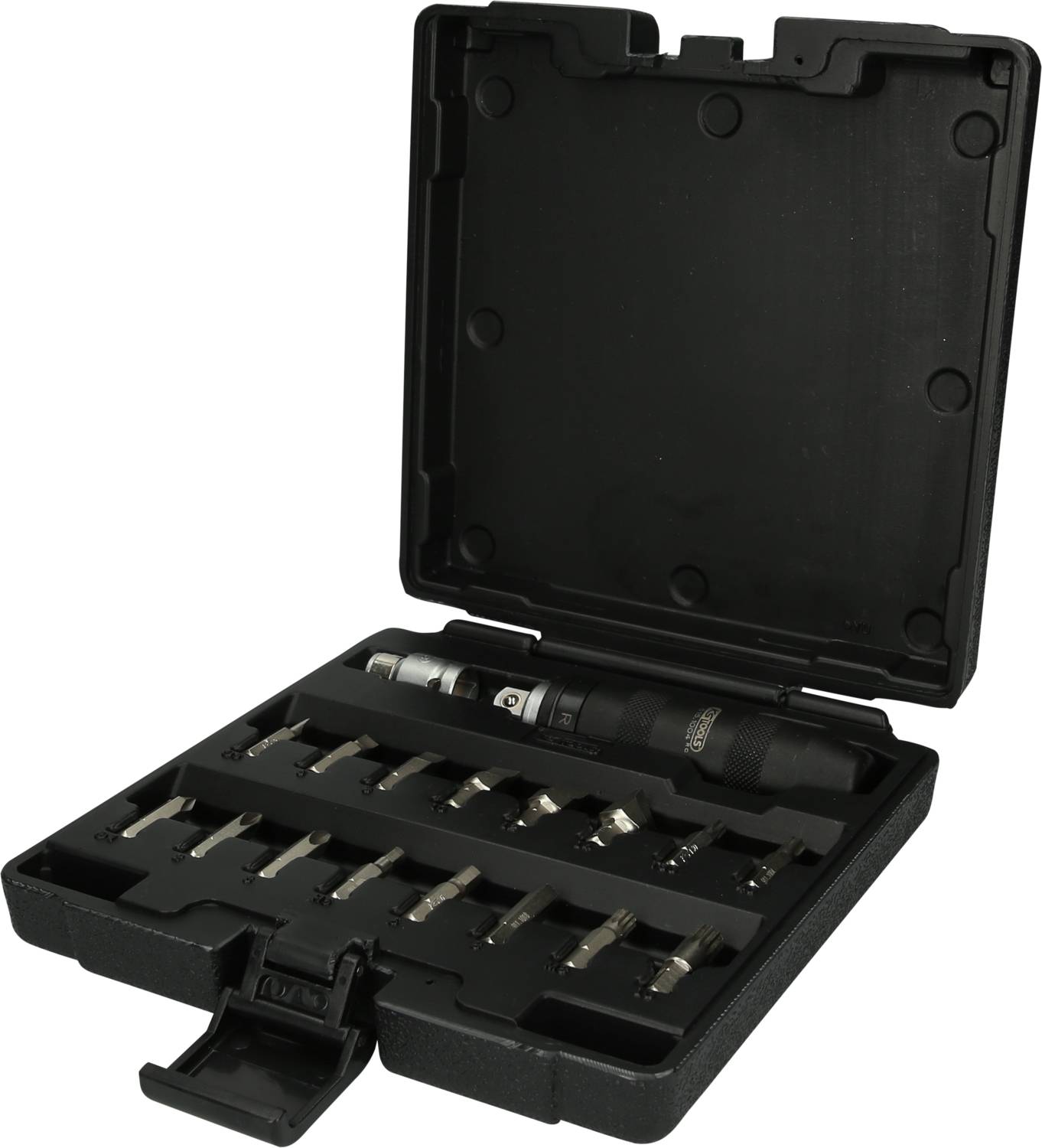 A black tool case containing a torque wrench and numerous socket wrench attachments arranged in neat rows.