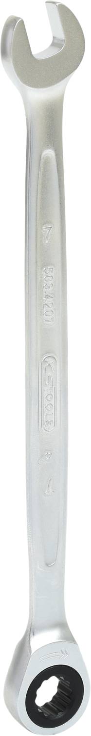 A silver-coloured spanner with a ridged surface and size markings on the handle.