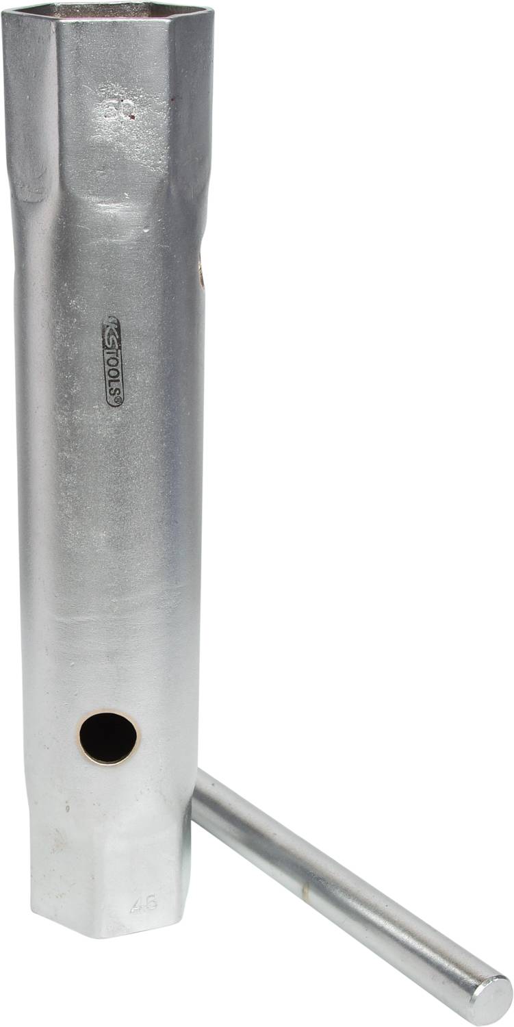 Metal spanner with a long, cylindrical sleeve and a transverse pin inserted as a handle. Suitable for tightening nuts or bolts.