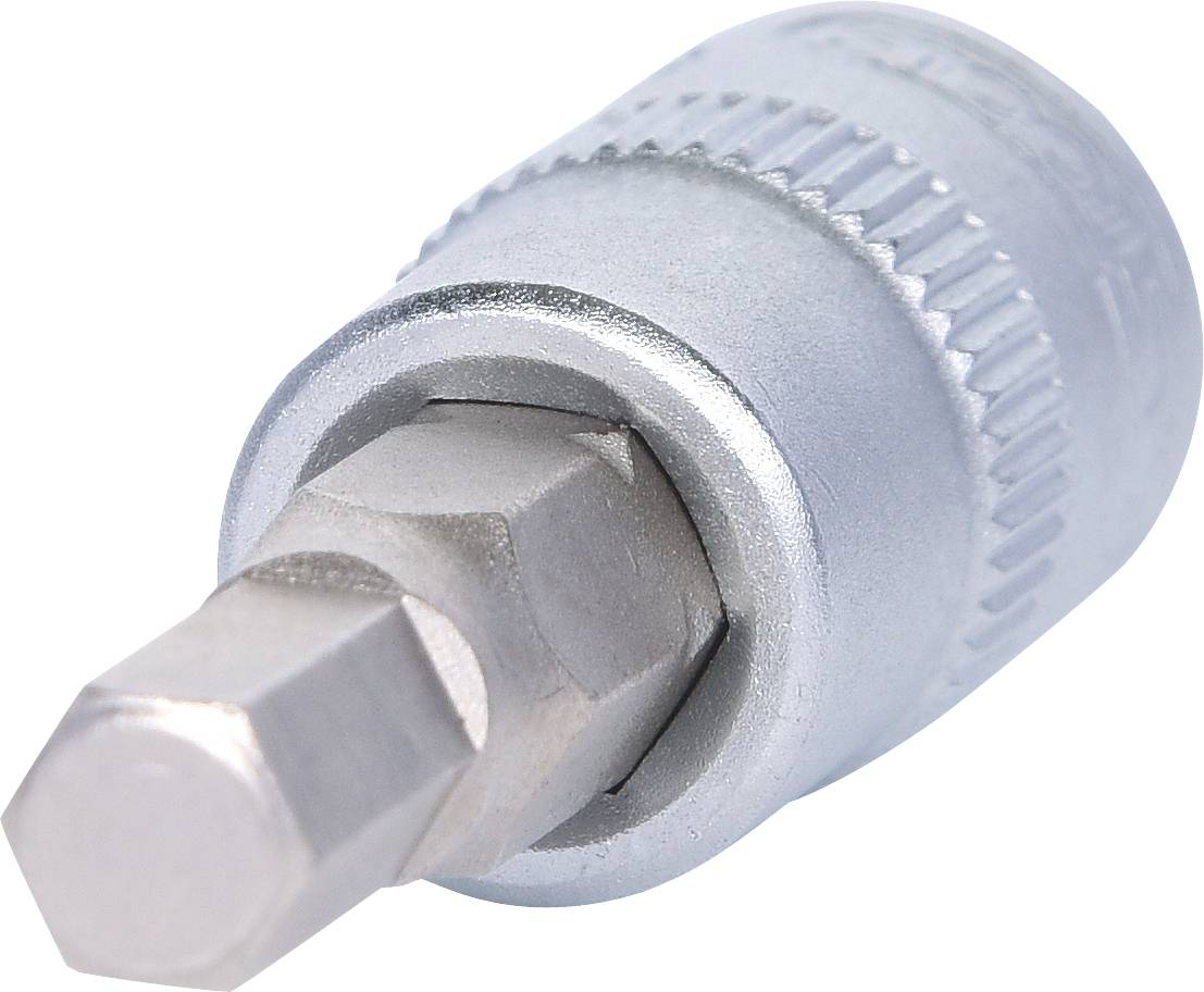 A silver socket key set bit adapter, hexagonal in shape, made of metal, for mechanical work and tools.