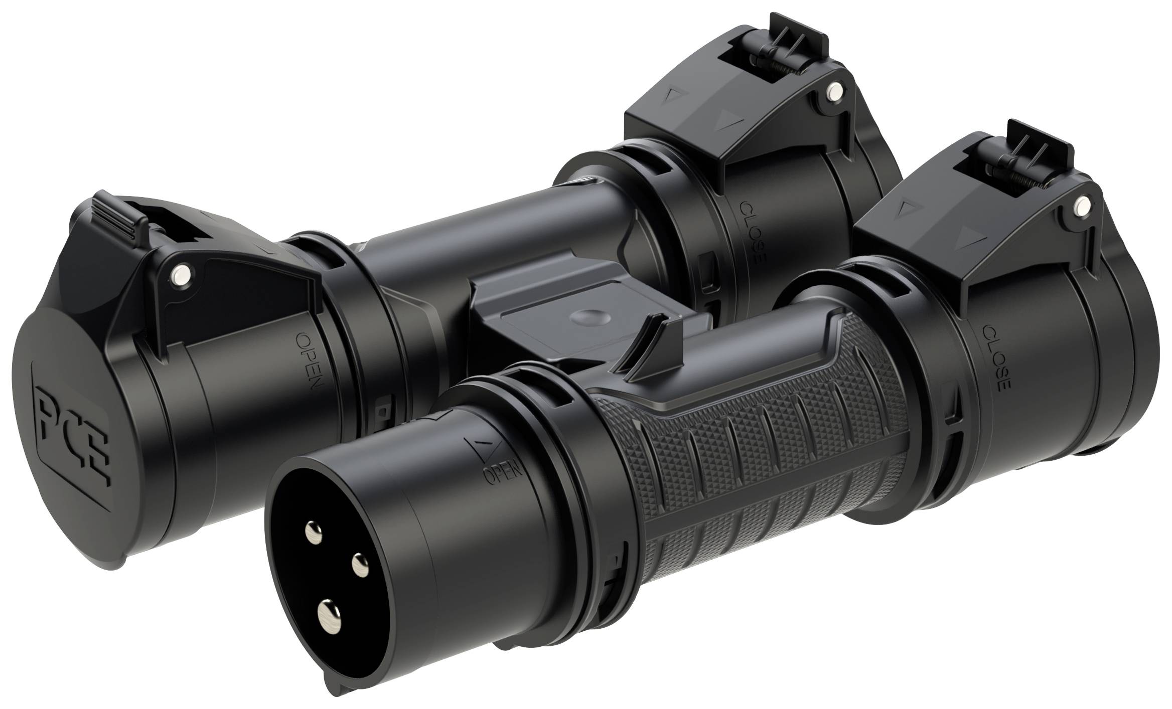 Black electric multi-socket adaptor with three outlets and robust design, suitable for industrial applications.