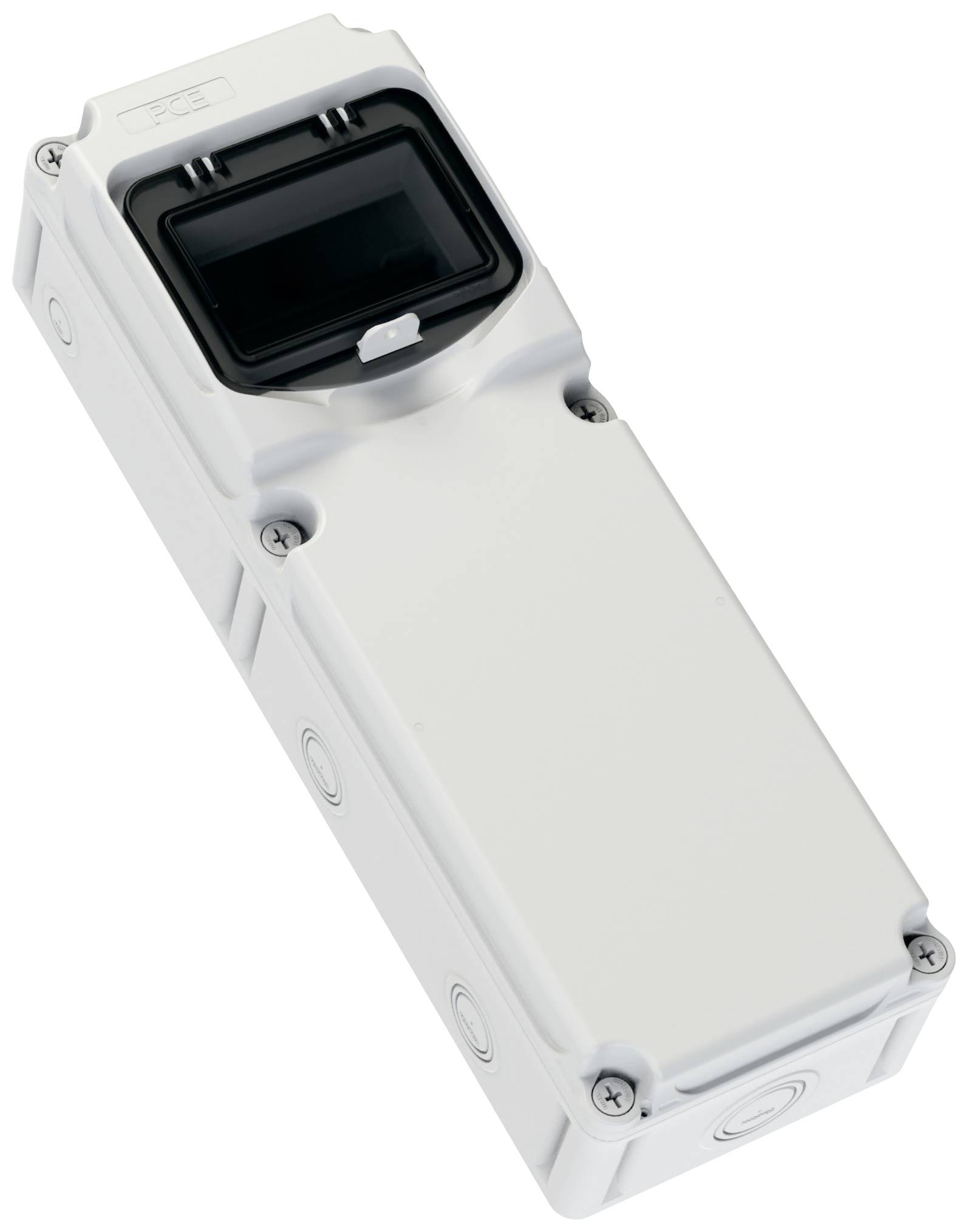 Electrical enclosure with digital display on the top surface, rectangular and white, suitable for industrial applications.