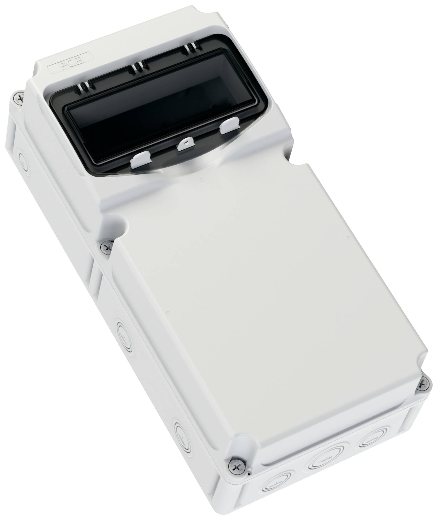 A rectangular, white electronic device with a black-tinted display on the top surface, possibly a counter or controller.