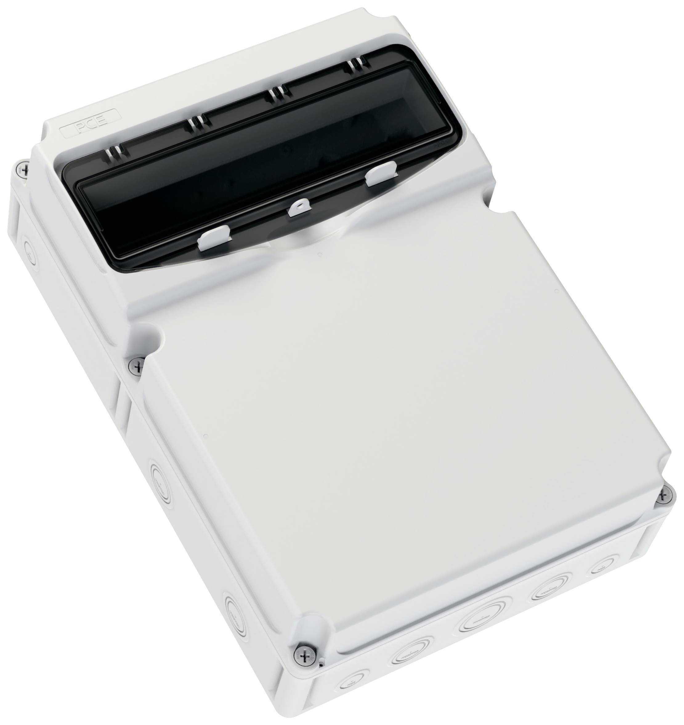 A rectangular, white enclosure with multiple cable ports on the side and a dark, transparent window on top.