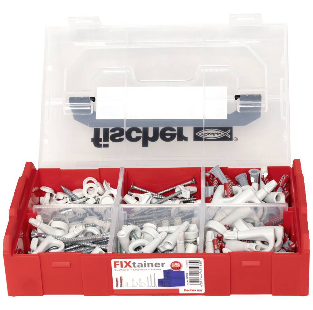 A red assortment box with various wall plugs and screws, opened with a transparent lid bearing the 'fischer' logo.