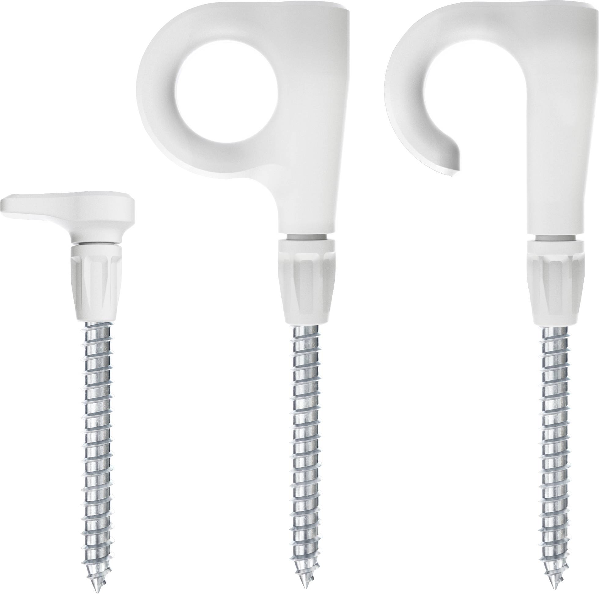 Two medical bone screws with plastic handles, one straight, one curved, against a white background.