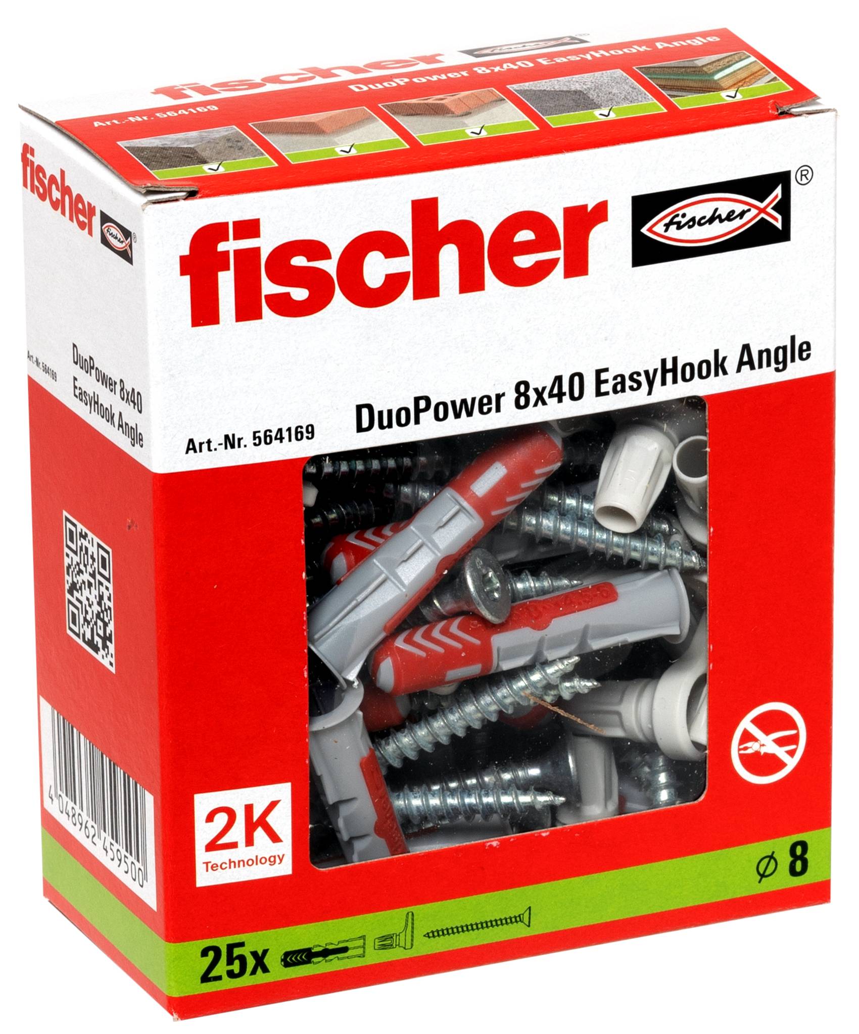 Wall plug and screw set. The plug is red with white accents and the word 'fischer' on it. The screw is metallic with a white head.