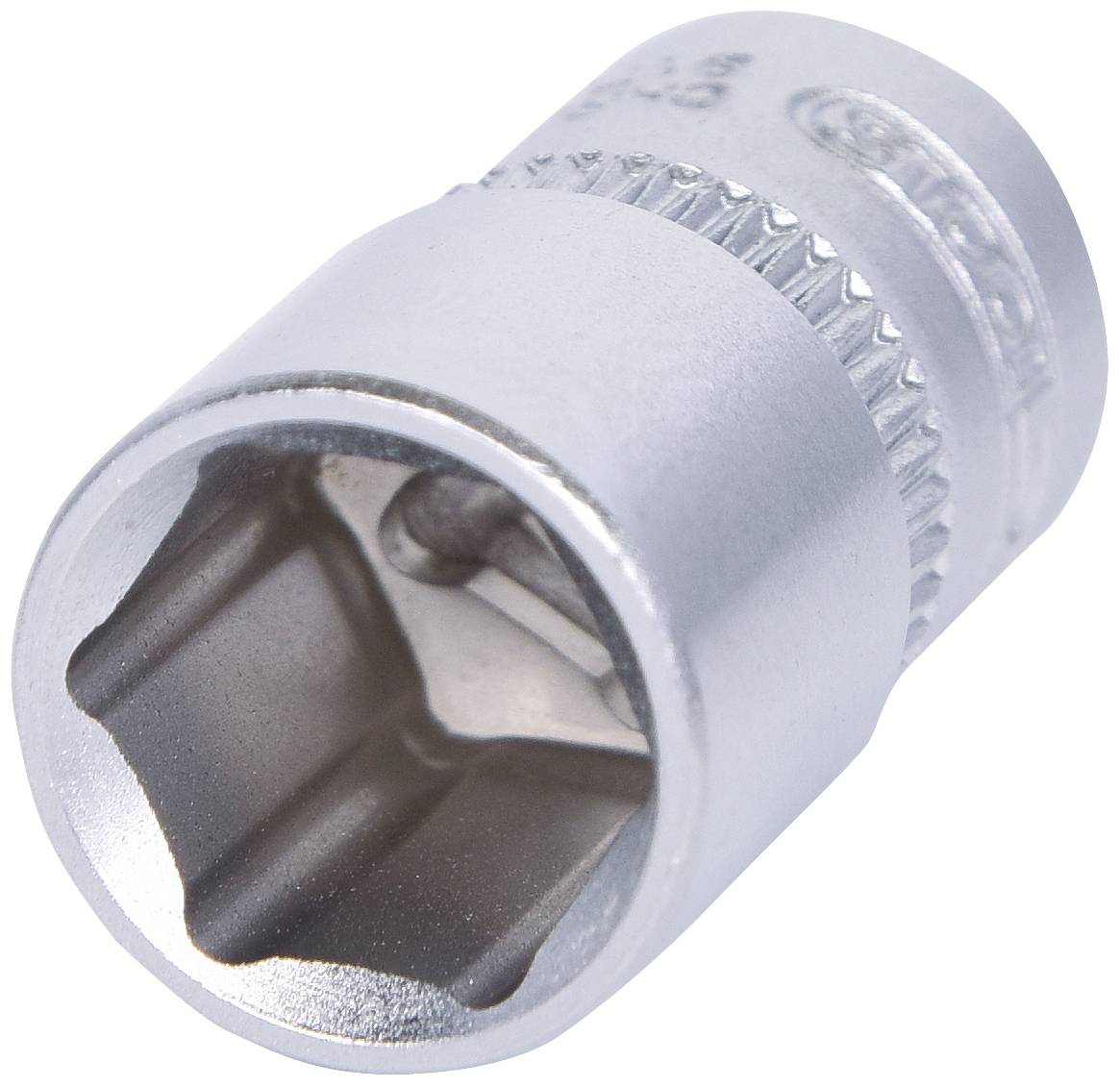 A silver-coloured socket attachment, hexagonal, made of metal. Primary tool for torque wrenches or ratchet sets.