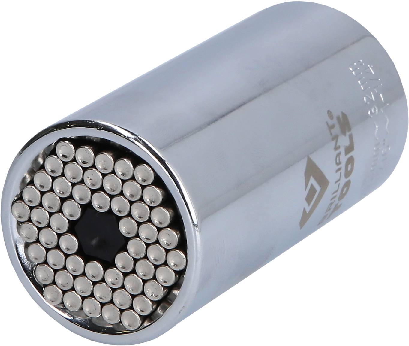 Universal metal socket attachment with multiple adjustable pins, used for tightening or loosening various screw heads.