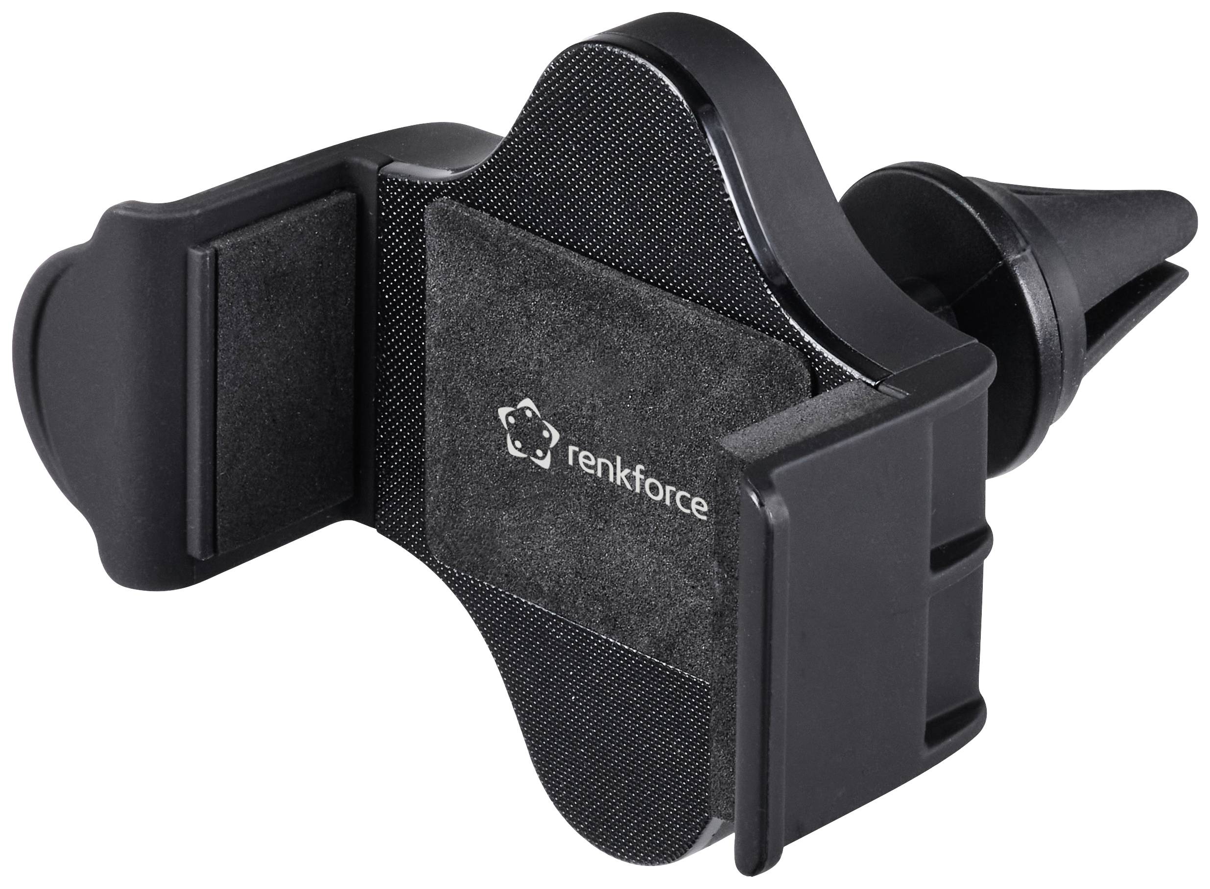 Black mobile phone holder for the car, attachable to the air vent. Suitable for various smartphone sizes.