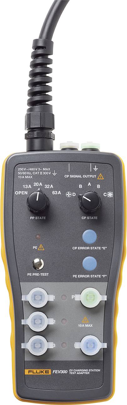 A portable testing device for checking electric charging stations. Shown is a handheld device with multiple ports and buttons.