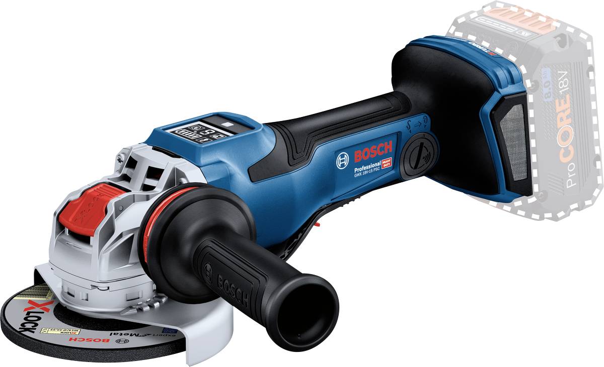 A cordless angle grinder with a blue housing, red accents, and a black handle. Brand logo visible on the side.
