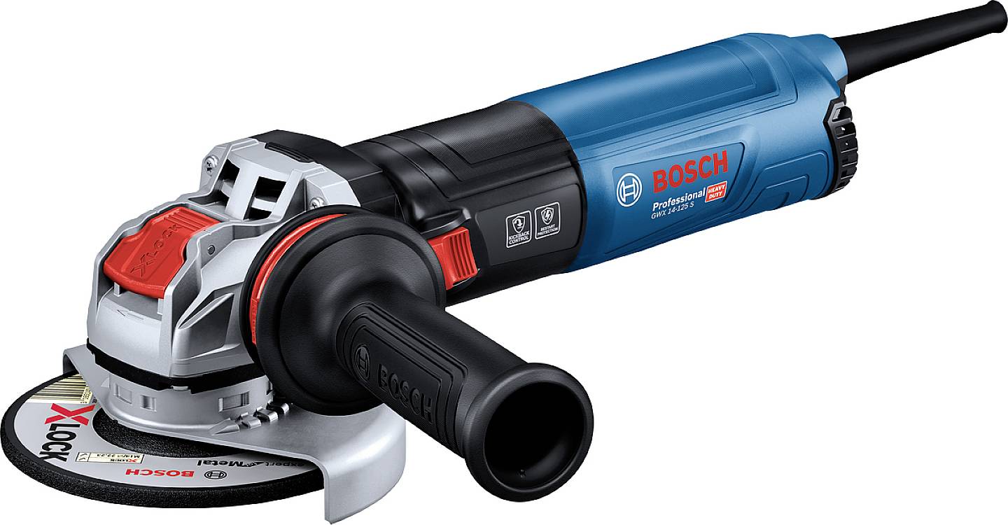 A Bosch angle grinder with a blue and black casing and red switch, suitable for grinding and cutting work.
