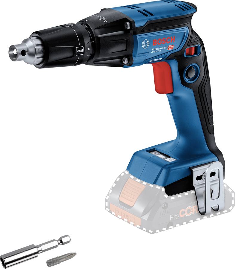Cordless blue drill driver with red trigger, without battery. In the foreground are a drill bit and a bit holder attachment.