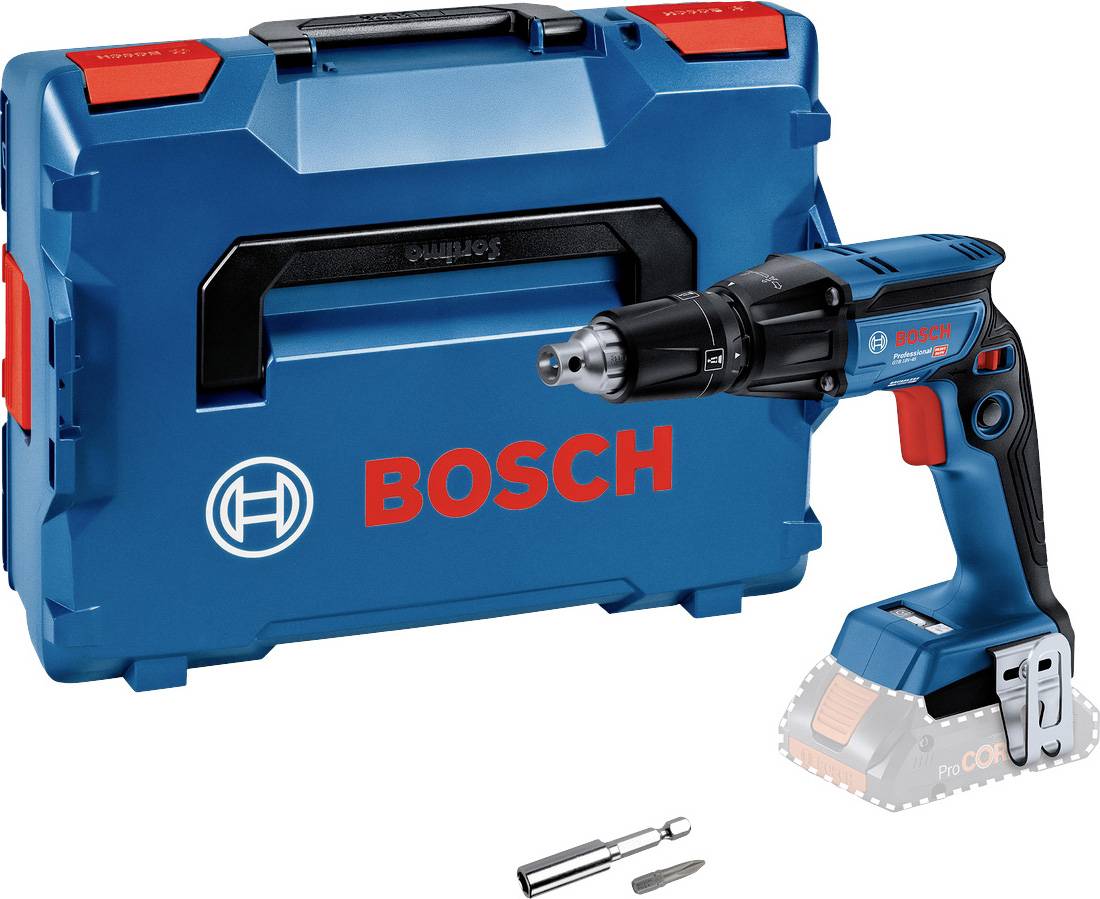 A blue Bosch cordless screwdriver, model GSR ProDrive Professional, in front of its corresponding blue tool case with Bosch logo and two bits.