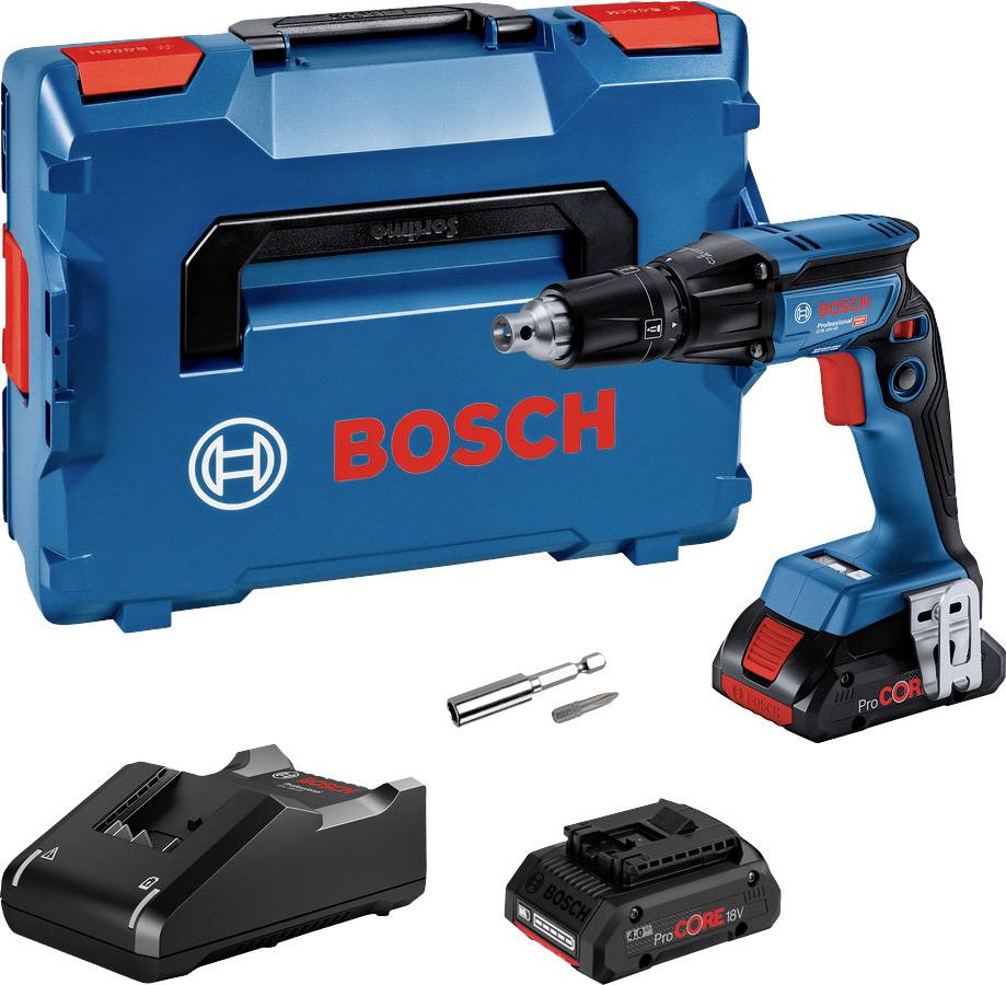 A blue Bosch cordless drill with charger and battery is placed in front of its corresponding tool case. The set also includes two drill bits.