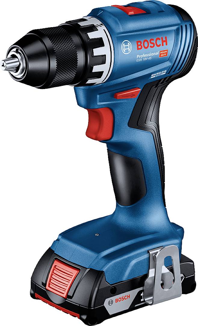 Cordless blue Bosch electric screwdriver with a black handle and red switch, pictured in profile view.
