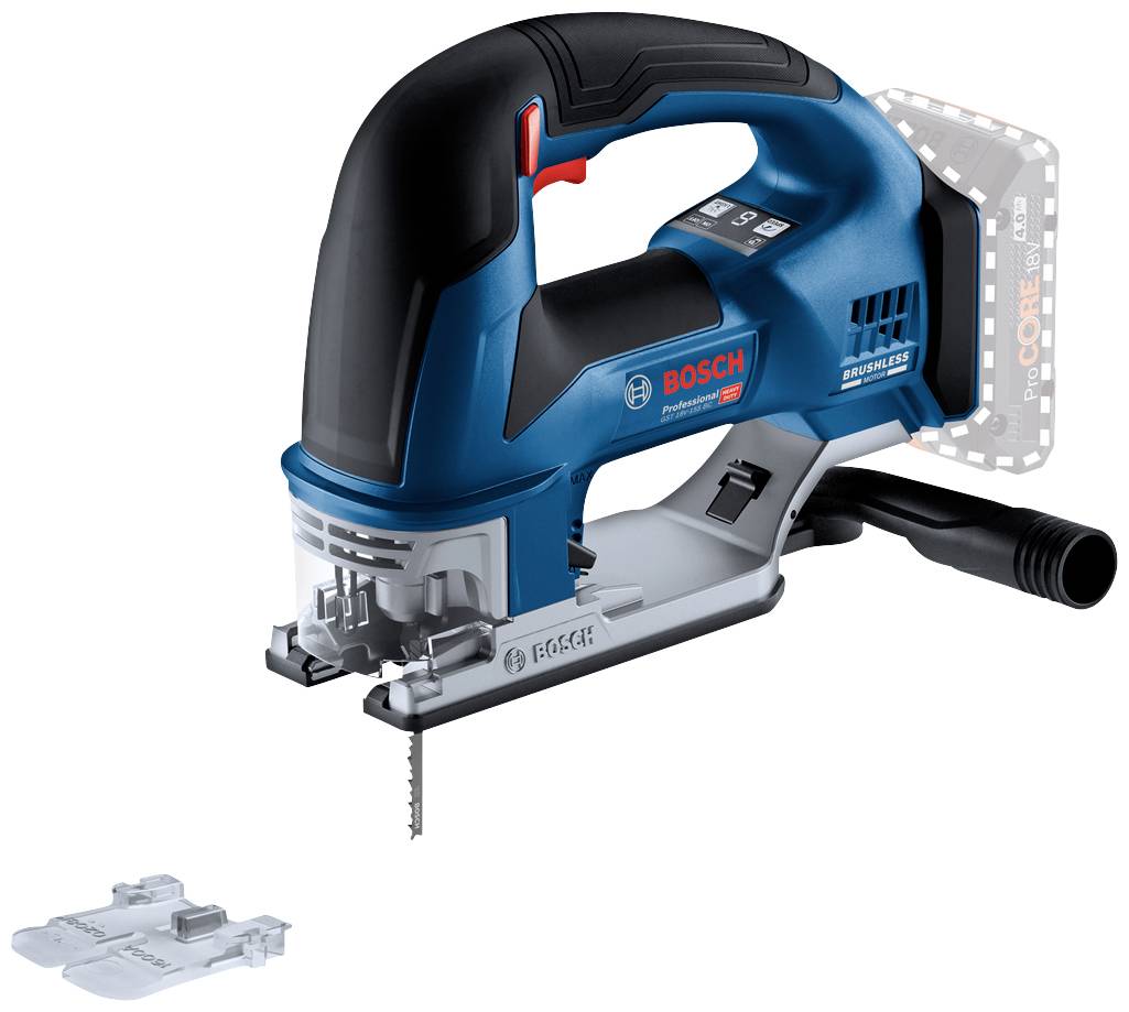 A blue Bosch jigsaw with an ergonomic handle and battery compartment, perfect for precise sawing work.