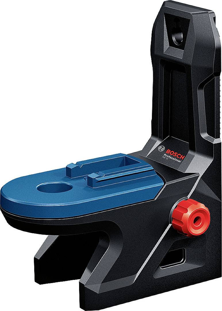 Black plastic mounting bracket with blue cap and red turning knob; suitable for fastening purposes in the craft sector.