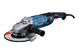 An electric angle grinder with a blue casing and black handle, ready for woodworking or metalworking.