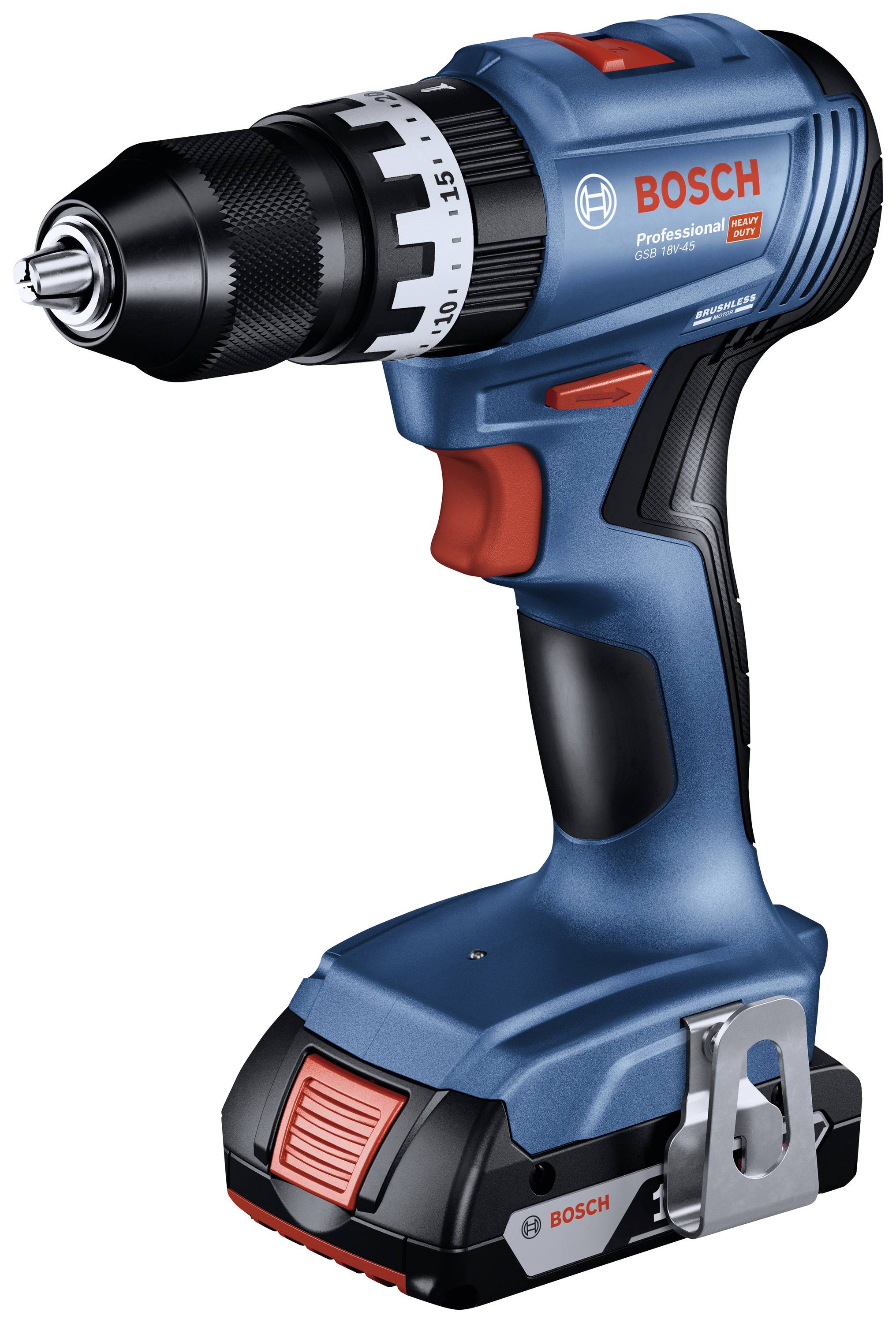 Bosch cordless drill-driver in blue and black with a red accent, suitable for professional applications.