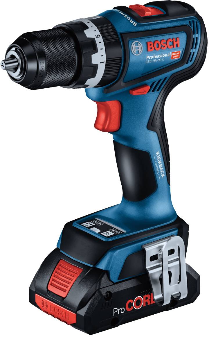 Cordless drill with a blue casing, black handle, and red accent. Brand name visible at the top.