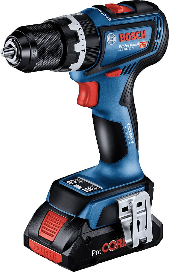 Cordless drill with a blue casing and black handle, Bosch brand. Suitable for drilling and screwing tasks, compact design.
