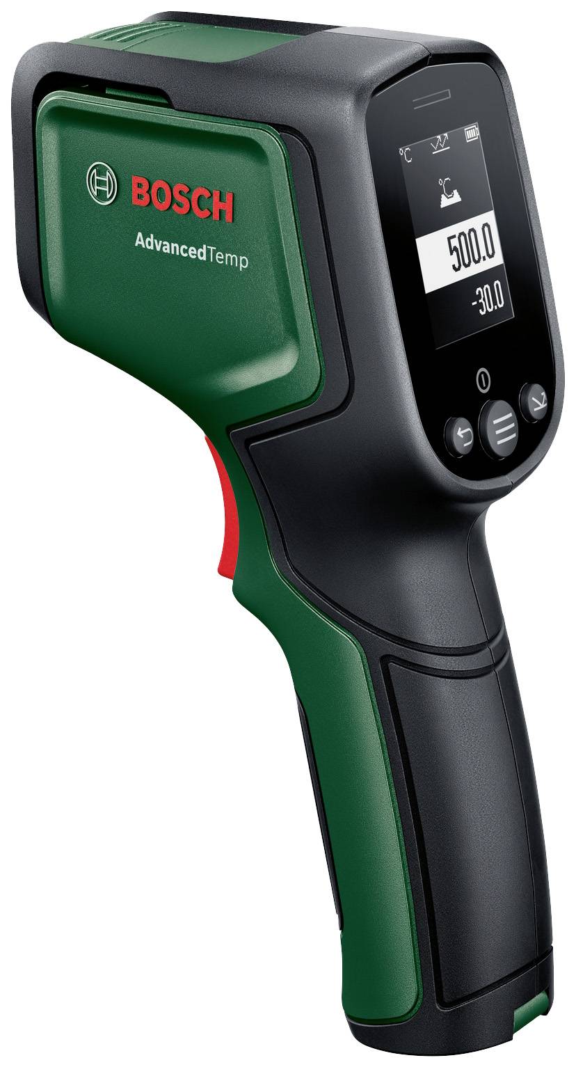 An infrared thermometer with a Bosch logo displays a temperature of 500.0 degrees on a digital display. Tool in black and green.