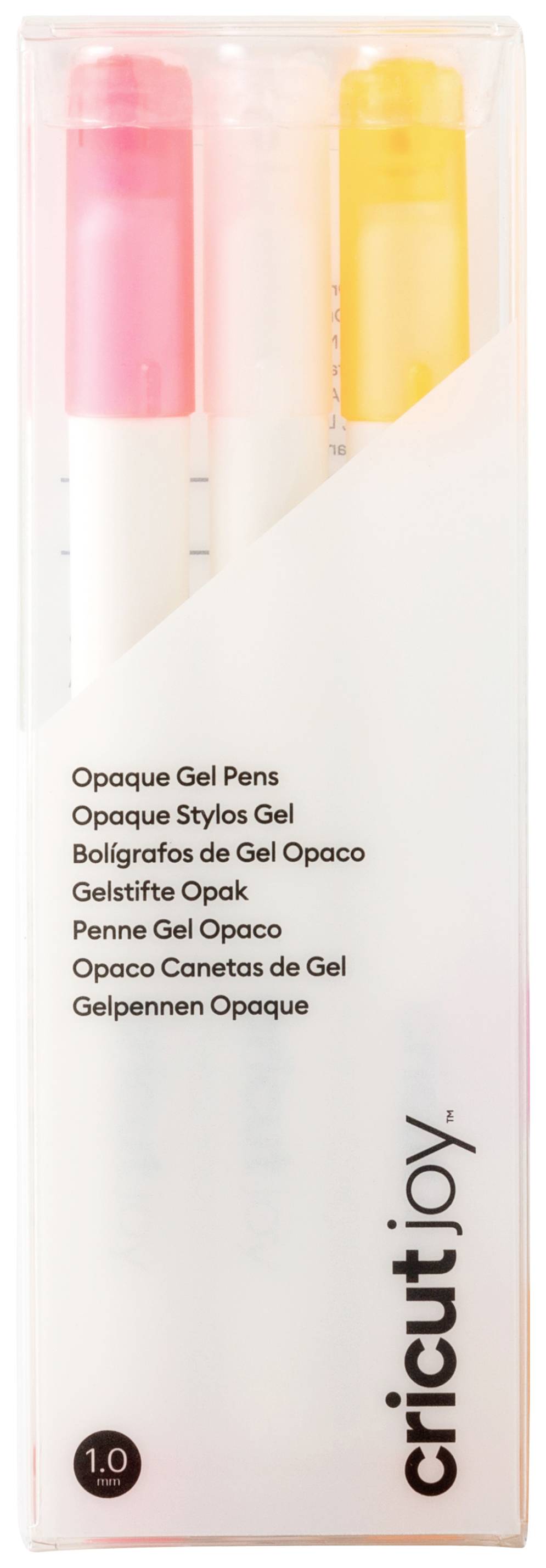 Packaging for Cricut Joy opaque gel pens in Pink, White and Yellow. Includes multilingual product labelling.