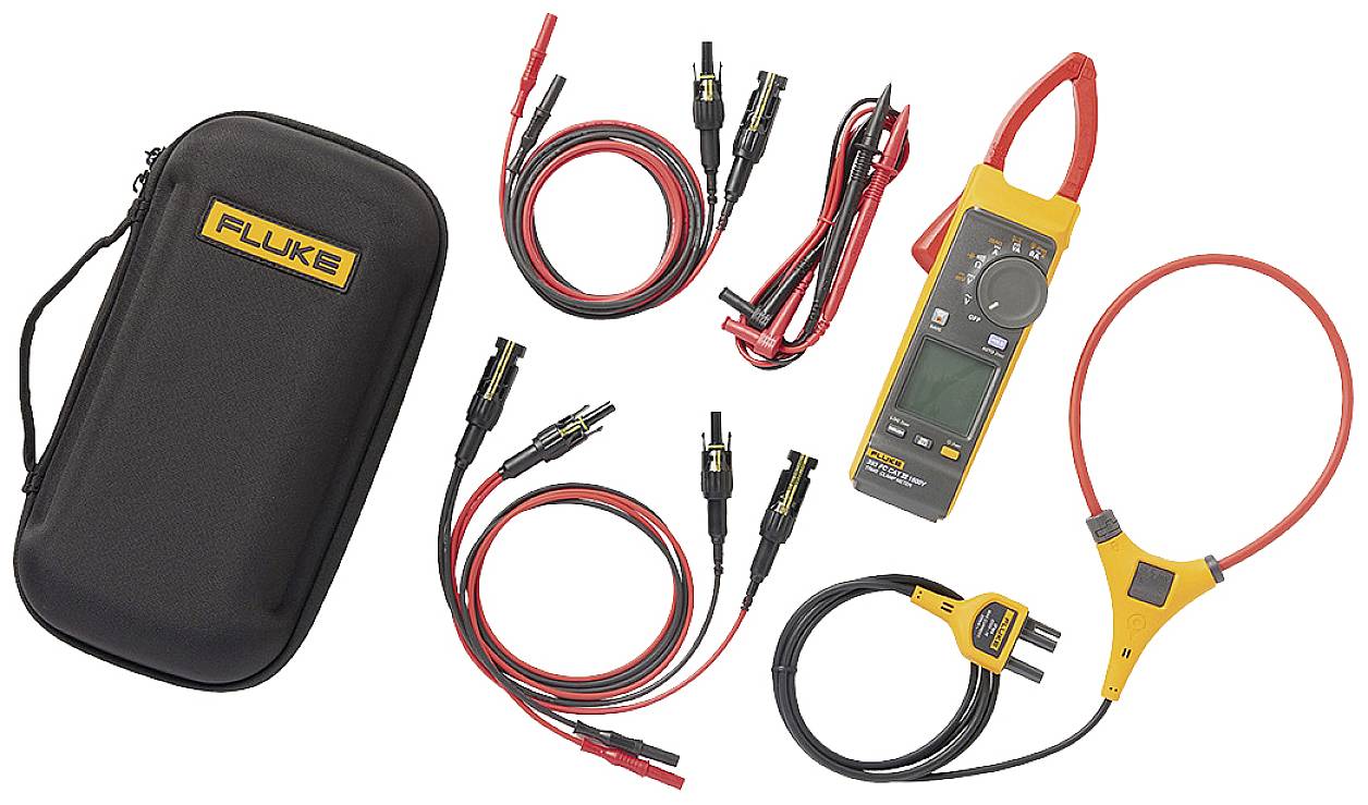 A multimeter set with a carry case, cables, measuring devices, and clamps, used for voltage and current measurement in an electronics context.