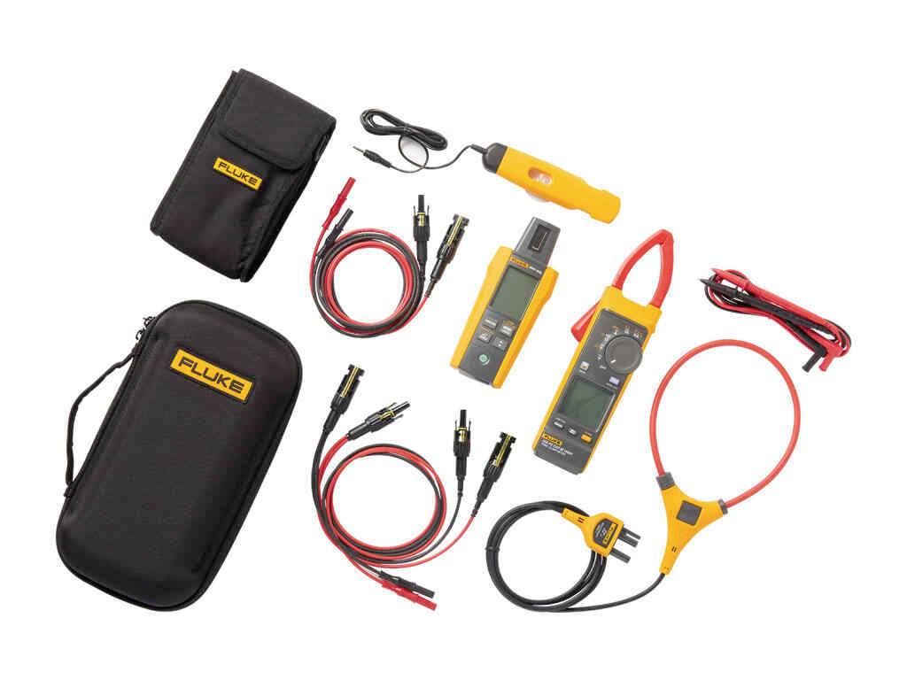 A set of electrical testing instruments, including a multimetre, current clamps, cables and carry cases, all in yellow and black colours.