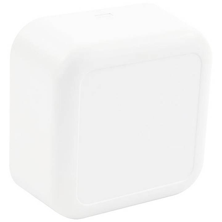 A cube-shaped, white, electronic device with rounded corners on a white background.