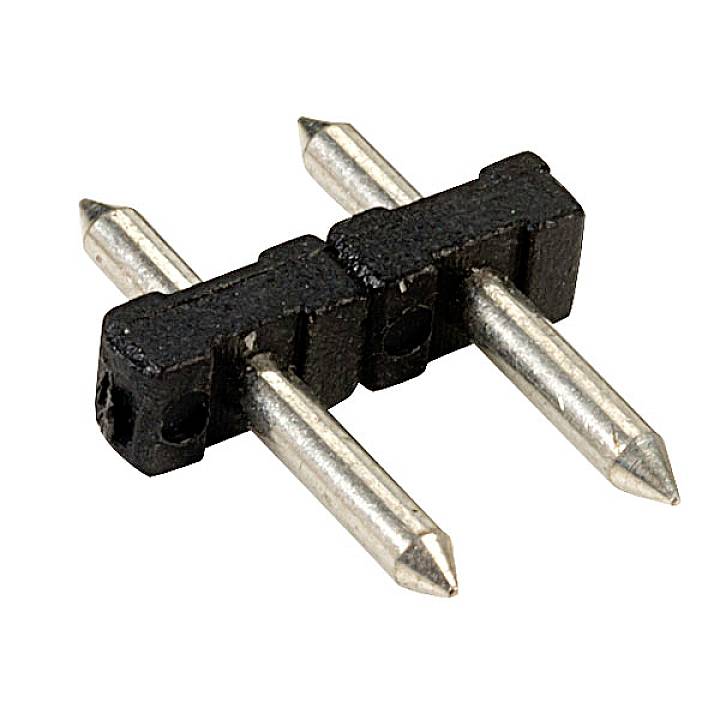 Two-pin plug with a black plastic casing and metallic, pointed contacts. Used for electrical connections.