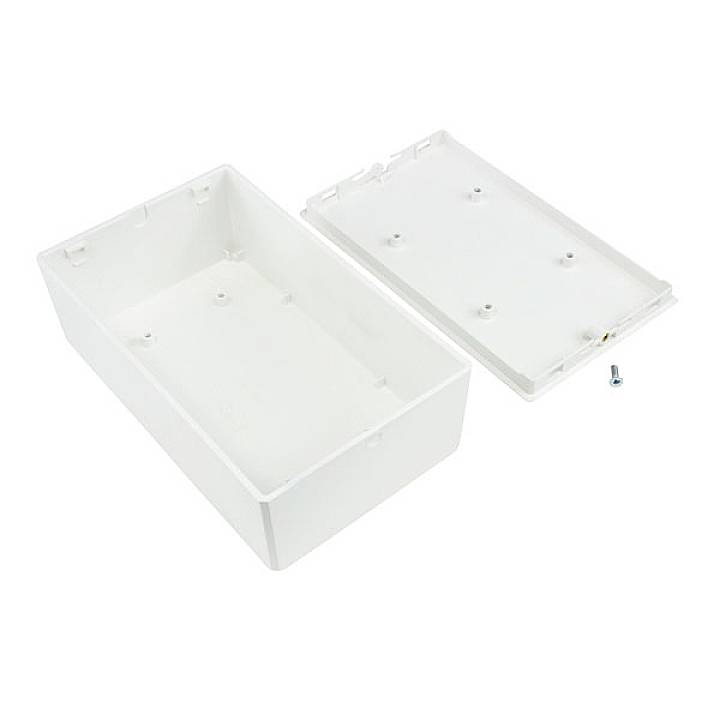 A rectangular white plastic box with a removable lid and a small screw, suitable for storing items.