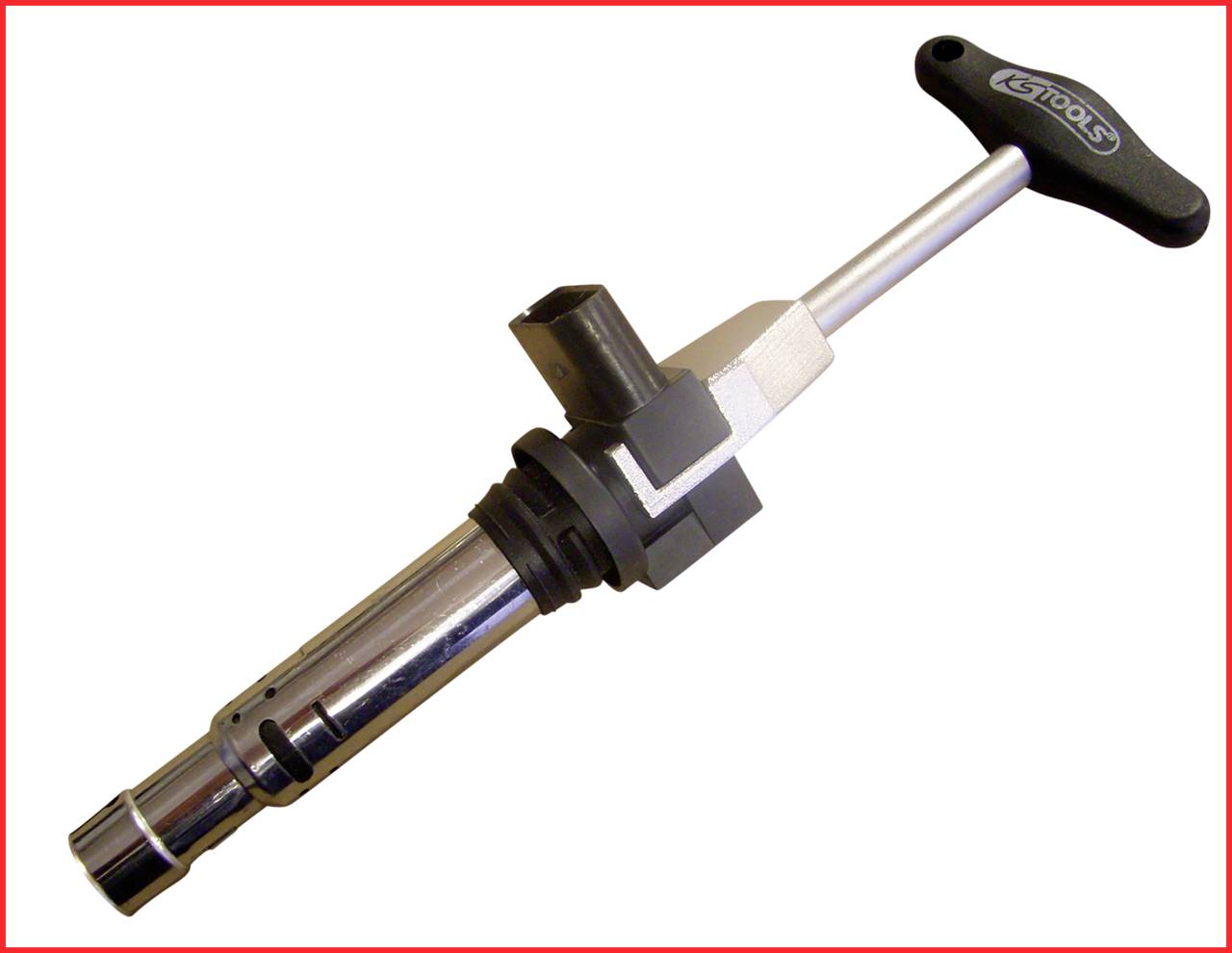 A silver tool with a T-handle and cylindrical head, likely a spark plug spanner, is shown against a white background.