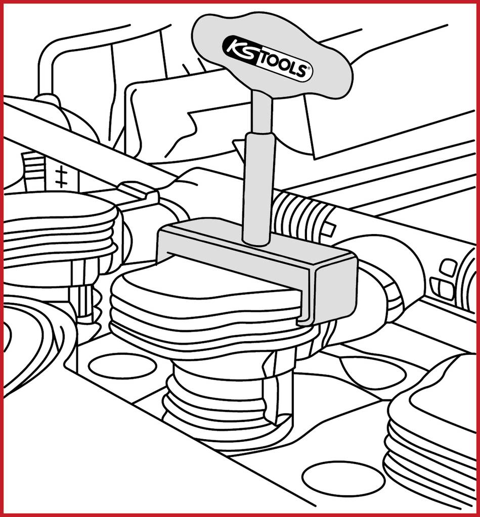 A technical drawing of an engine with a cylinder compression gauge from 'KS Tools' mounted in a cylinder.