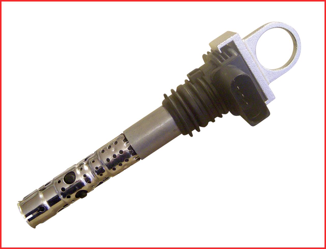 Silver-coloured ignition coil with black connecting element and metal loop, used for igniting engines in vehicles.