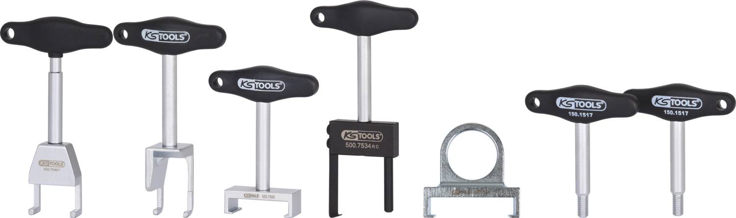 Six specialised car tools with black handles and metallic shafts, designed in various shapes for different applications.