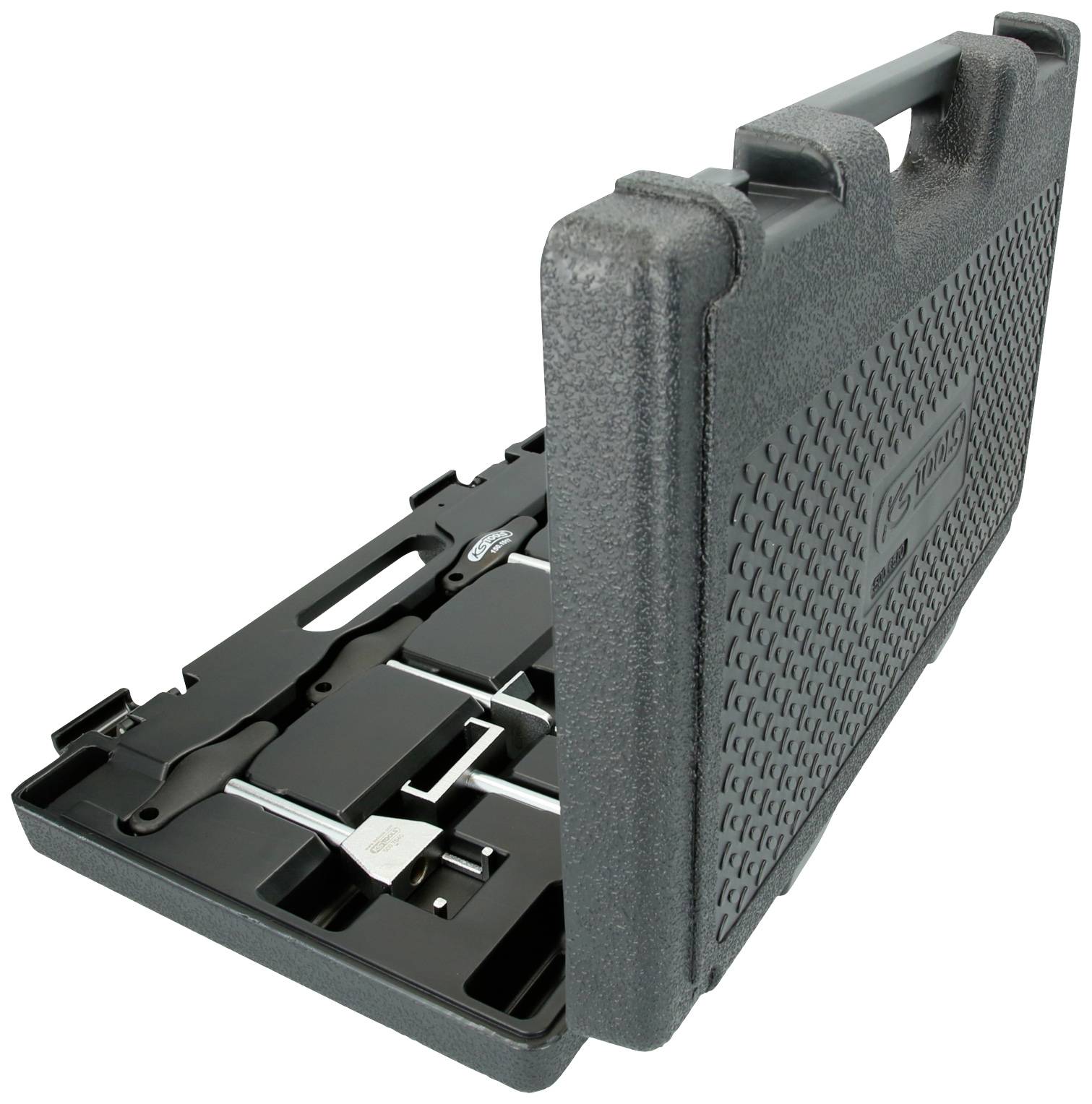 Black plastic toolcase with handle, slightly open, revealing metal tool insert for secure storage and transportation.