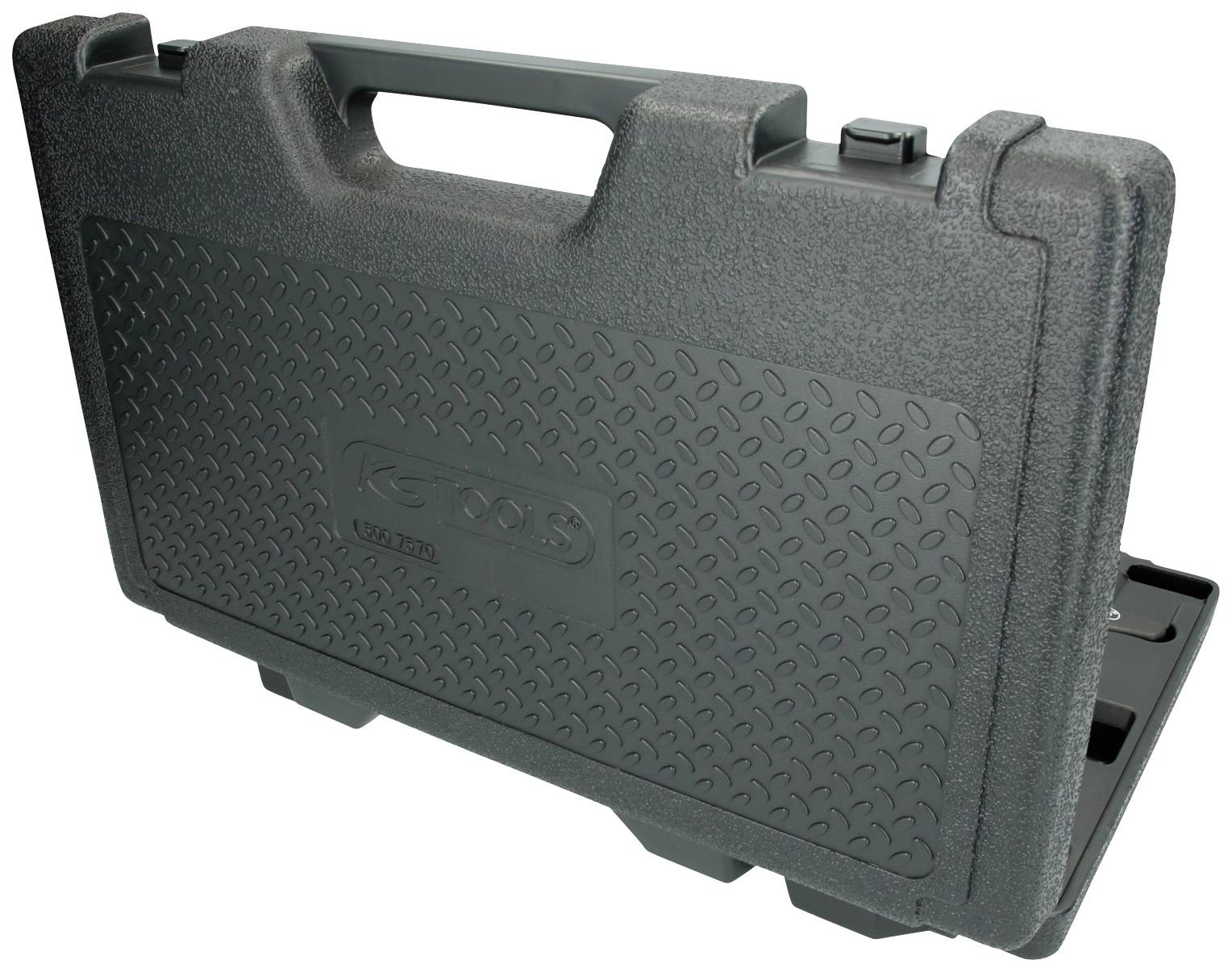 Black plastic tool case with mesh pattern and integrated handle, positioned upright.
