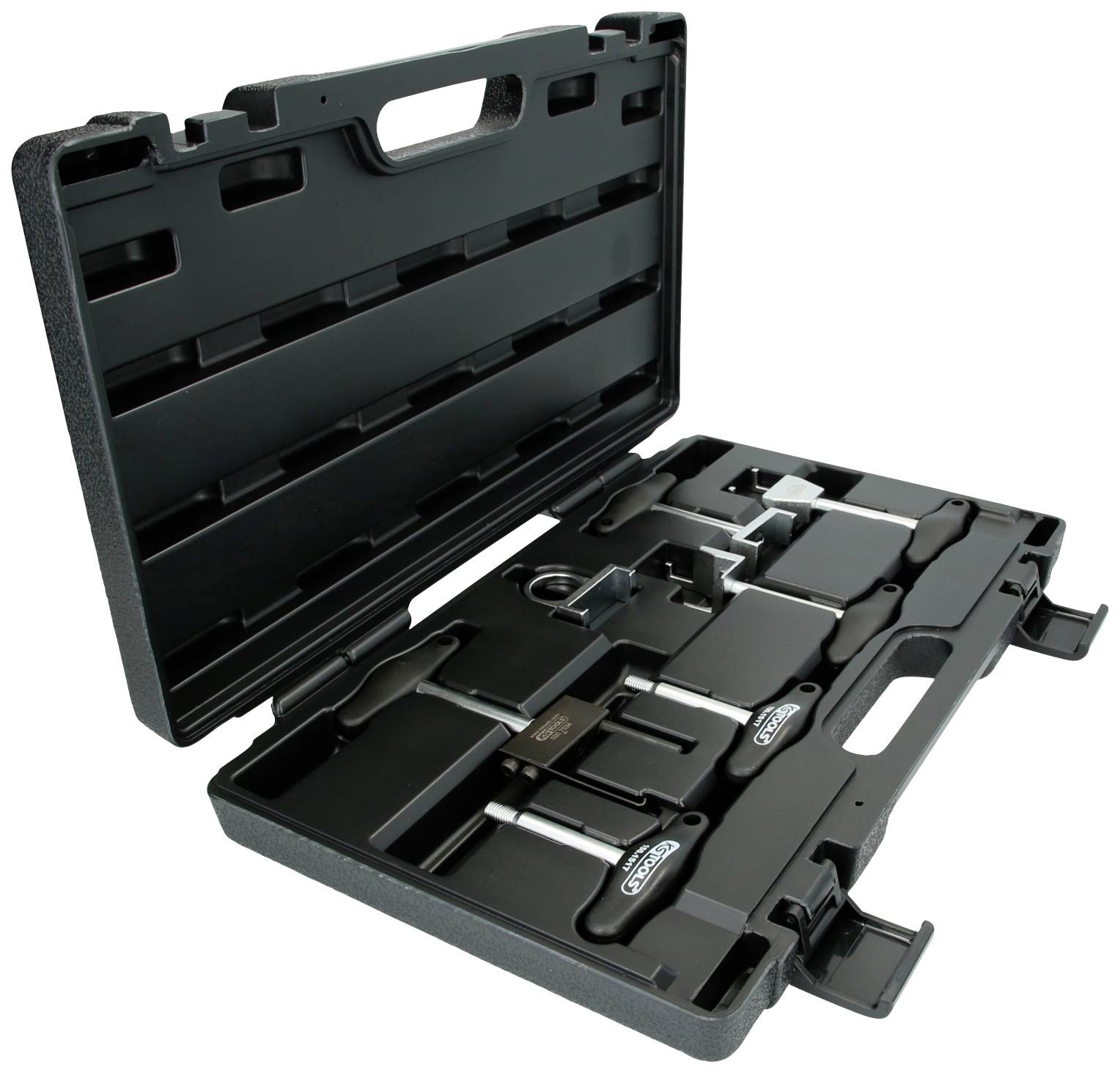 Open black suitcase with various tools, including spanners and pliers, neatly arranged.