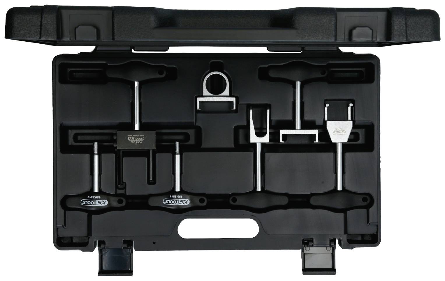 An open toolbox with various ball joint pullers and specialist tools, neatly arranged in foam inserts.