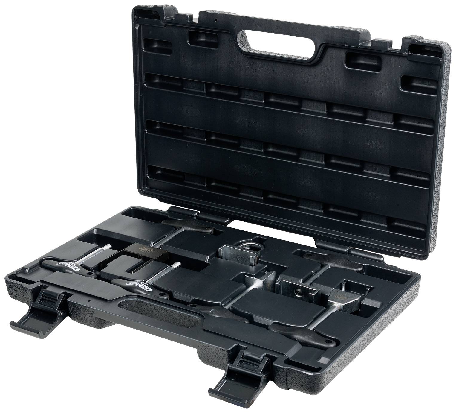 Black plastic toolcase with an open lid showing moulded inserts for storing tools.