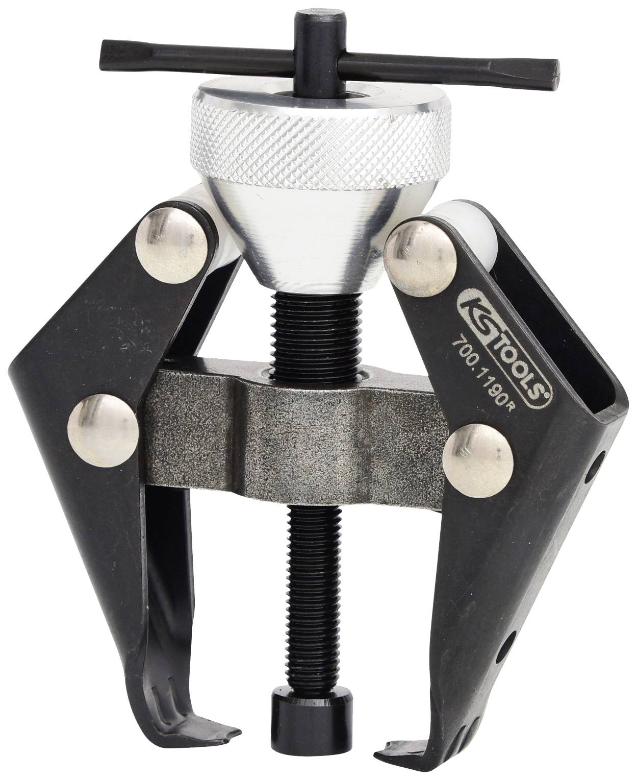 Three-jaw puller tool with robust arms and screw mechanism, ideal for extracting bearings and gears in mechanical engineering.