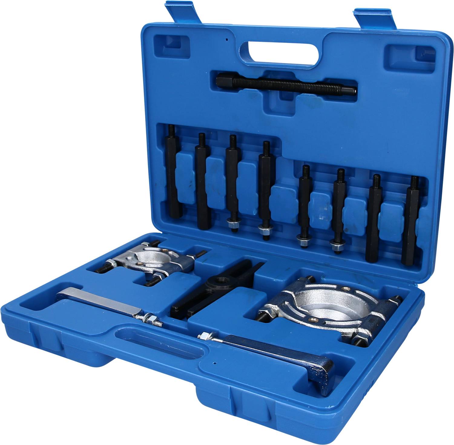 A blue toolbox with various car repair tools, including spanners and different screws.