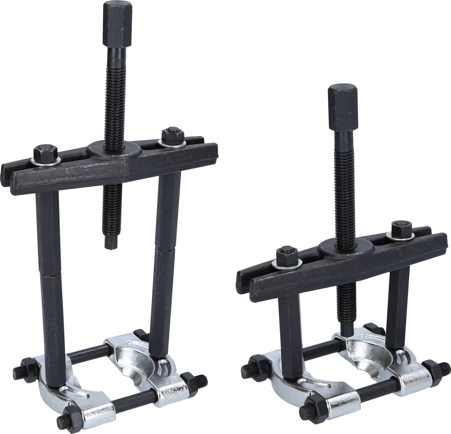 Two metal pullers: a smaller and a larger one. They are standing next to each other. Used for removing bearings or gears.