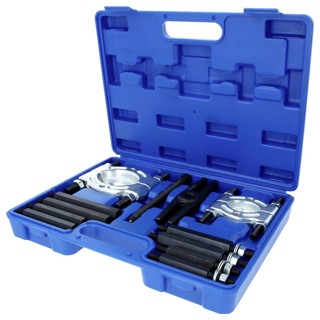 A blue plastic case containing a bearing puller set, including two silver pullers, several black rods, and bolts arranged neatly inside.