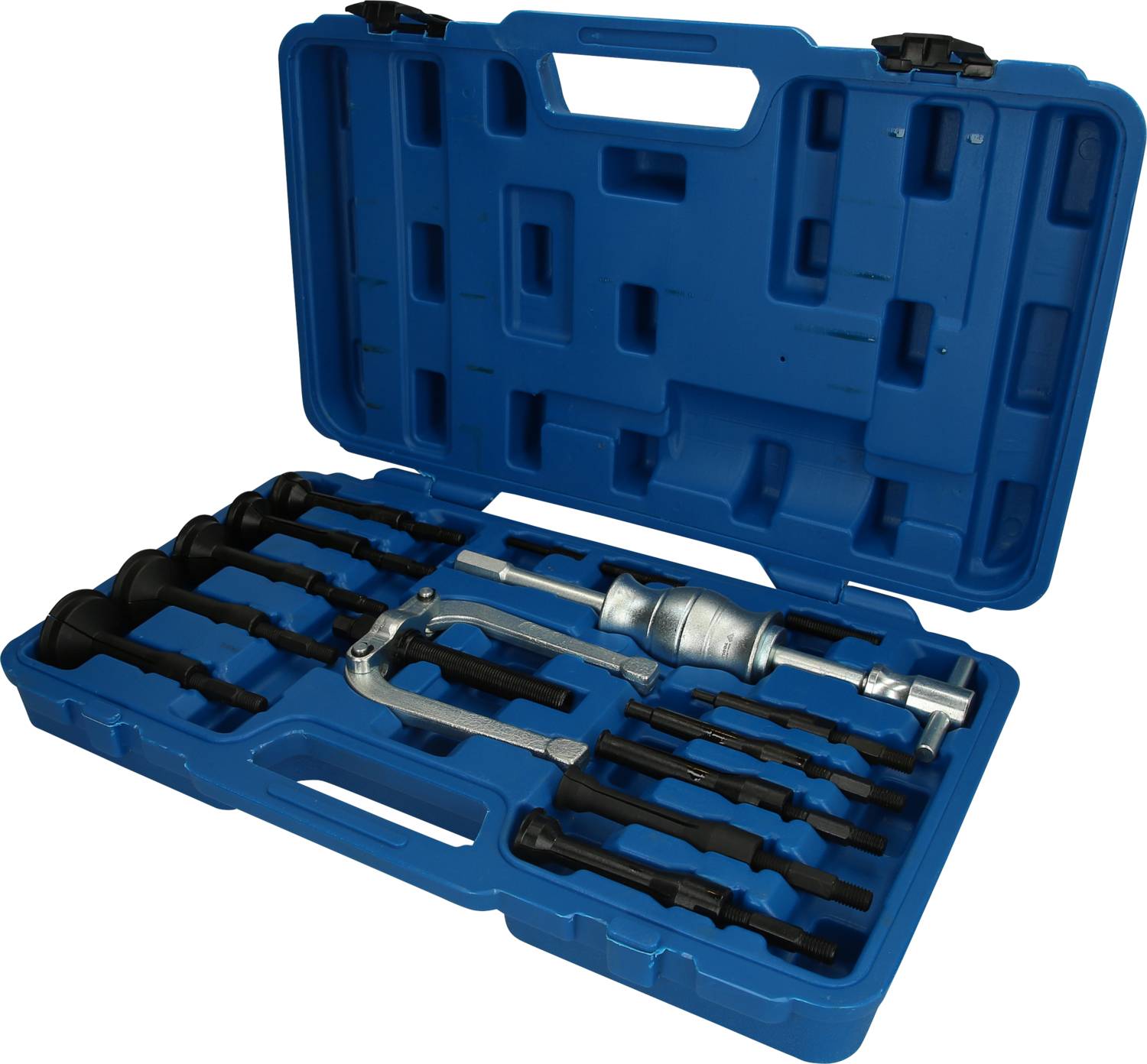 Blue plastic toolbox with a set of automotive tool parts, including a puller and several adapters, which are used for vehicle maintenance.