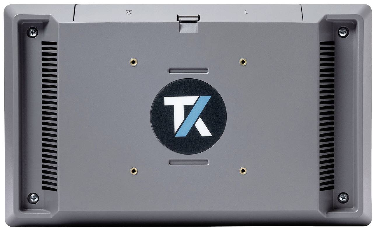 Rear view of a grey electronic device with a 'TK' logo in the centre. Screw holes are visible in the corners.
