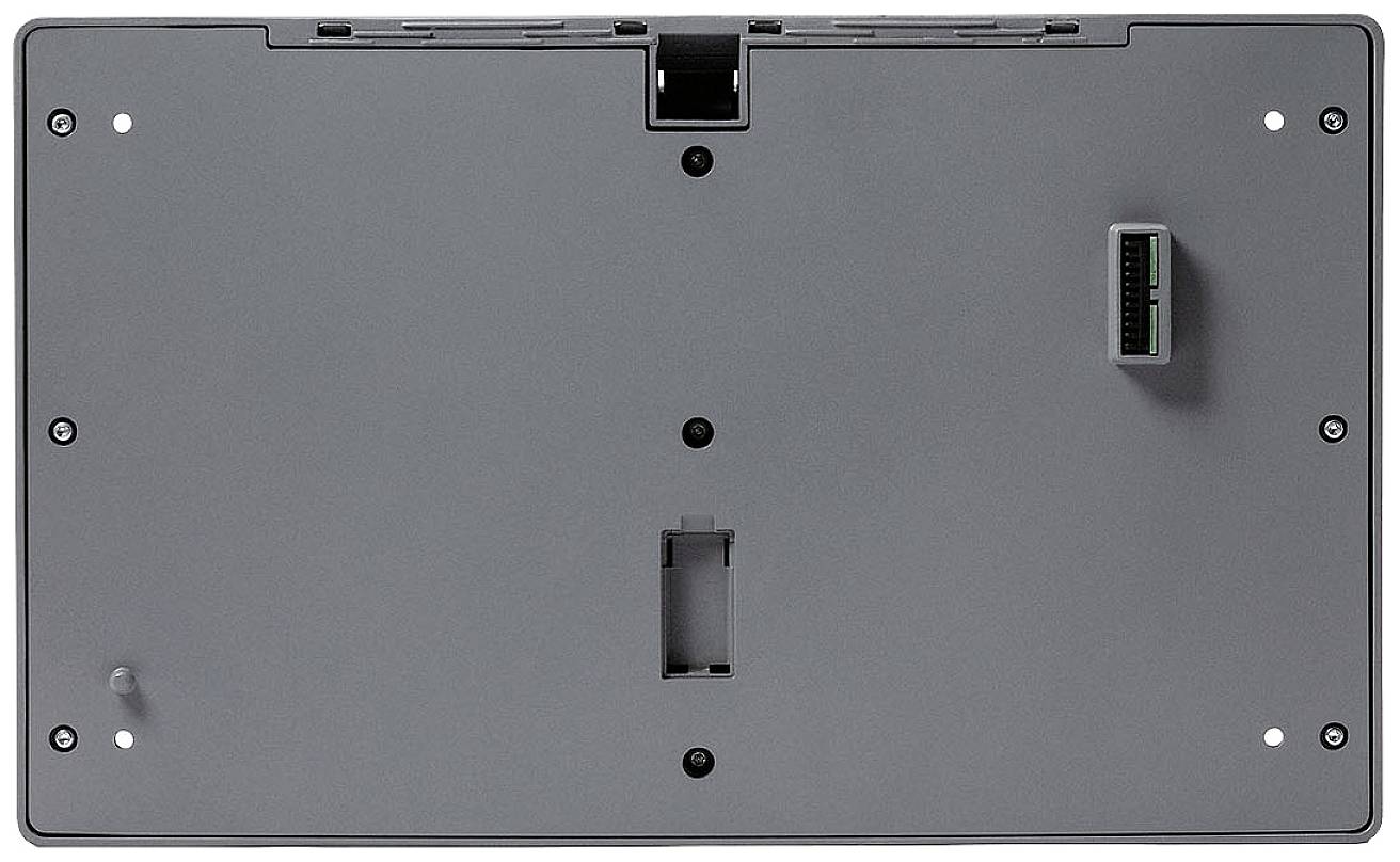 Back of an electronic device with multiple mounting points and connections.